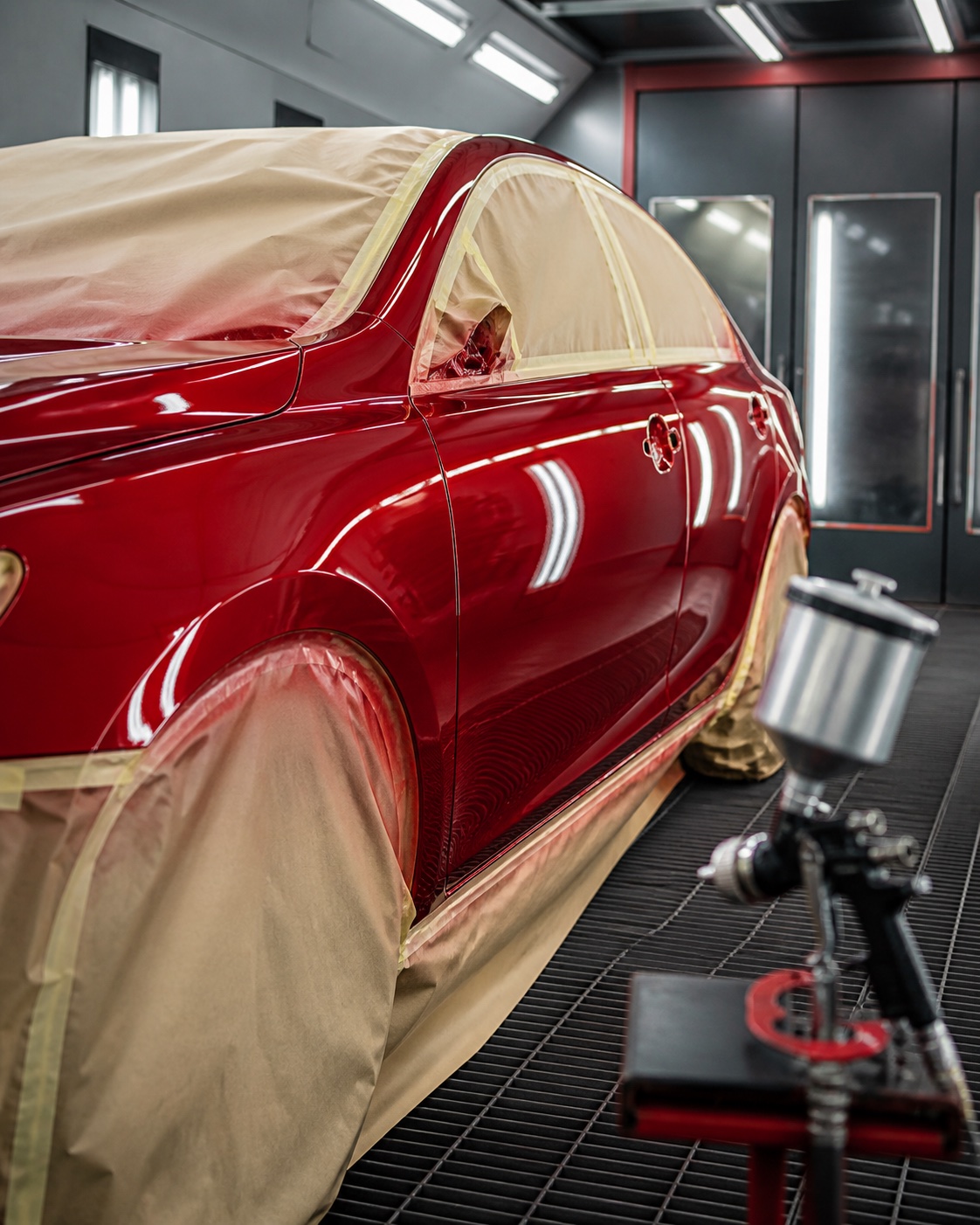 Vehículo moderno preparado para pintura automotriz dentro de una cabina profesional